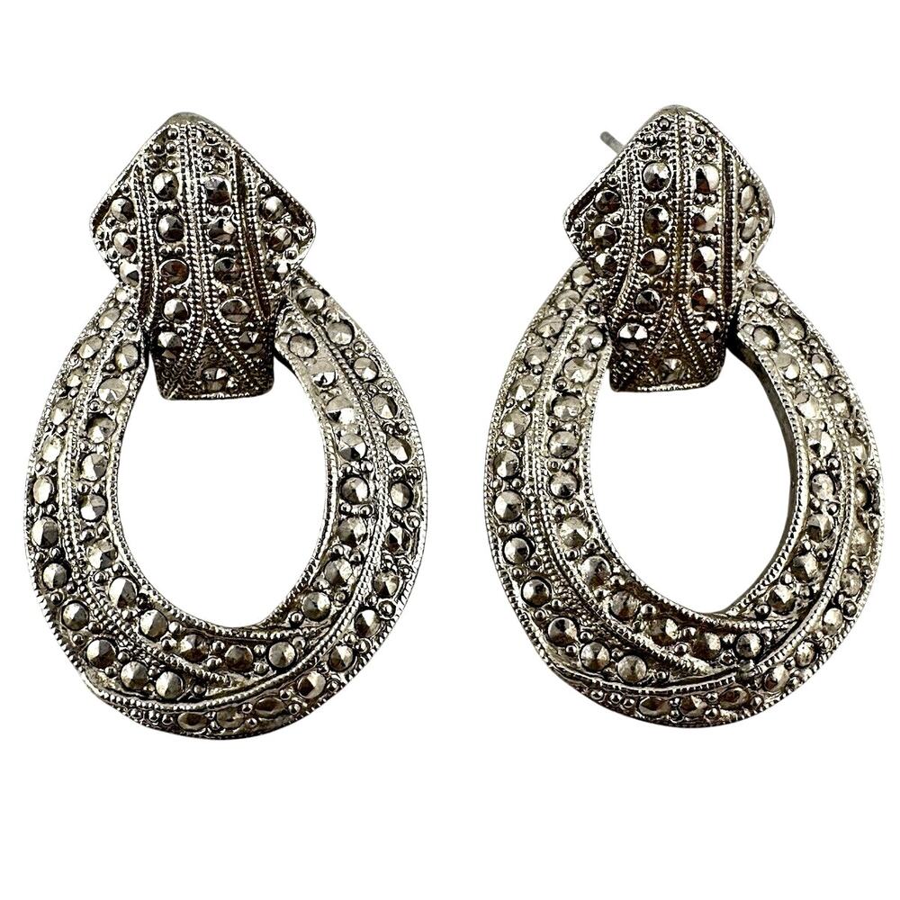 1928 Art Deco Revival Faux Marcasite Silver Tone Door Knocker 1.5” Earrings